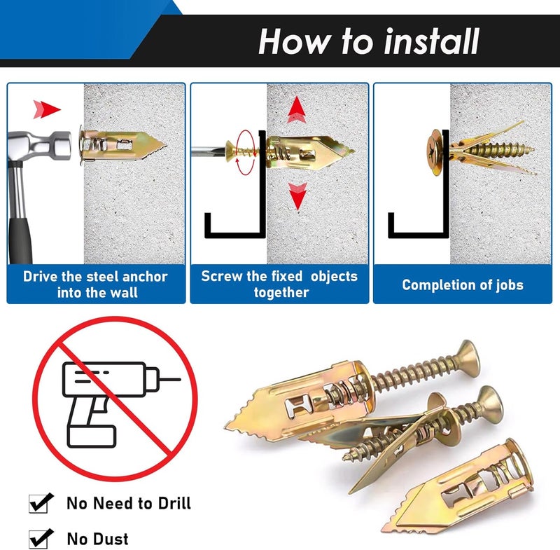 Eoppen 100Pcs Self Drilling Drywall Anchors with Screws Kit, 2 Sizes Sheetrock Anchors & 3 Sizes Expansion Screws, Zinc Plated Steel Drywall Anchors No Drilling Required Holds Up to 66lbs - Image 4